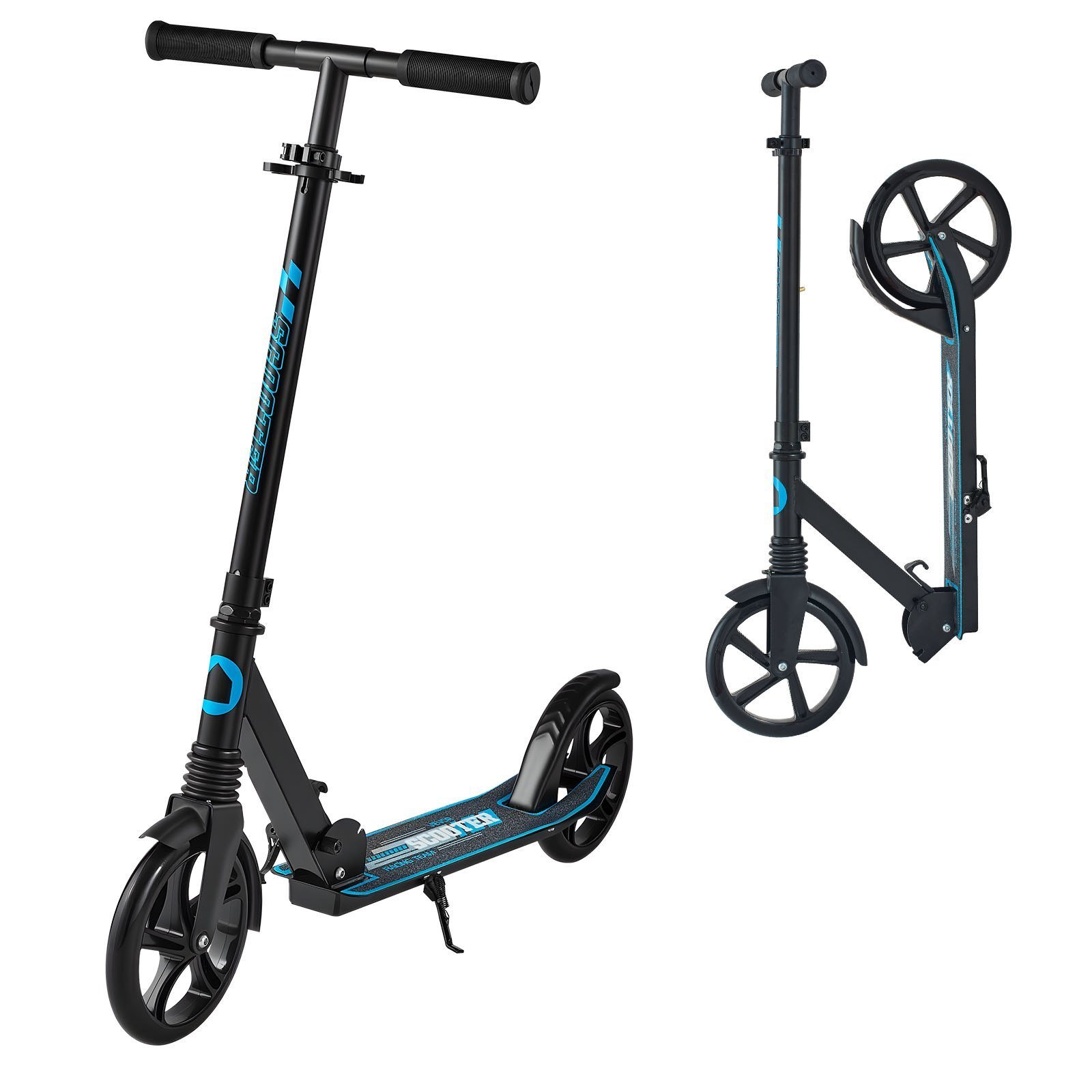 Kick Scooter For Kids Ages 8+, Teens & Adults, 2-Wheel Toddler Scooter With Adjustable Height Handlebar, Wide Anti-Slip Deck, Foldable Lightweight For Boys & Girls Up To 220 Lbs, Black + Blue