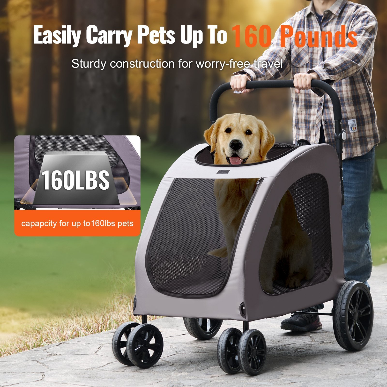 Pet Stroller 4-Wheels Dog Stroller Carrier 160lbs Weight Capacity Portable - Image 2