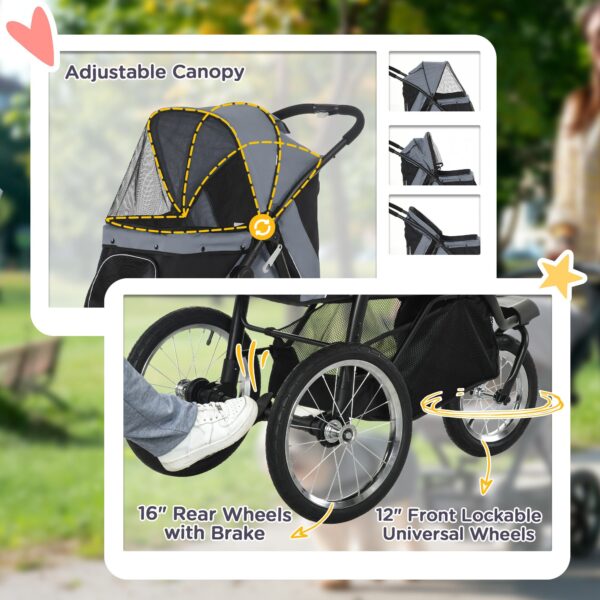 3 Wheels Pet Stroller for Small Dogs and Medium Dogs with Adjustable Canopy, Safety Tether, Storage Basket, Gray - Image 2