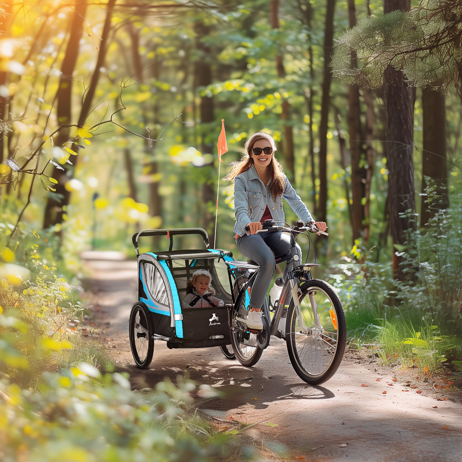 3-in-1 Bike Trailer for Kids, Running Stroller with 2 Seats, Jogging Cart with 5-Point Harness, Storage Units, Blue - Image 7