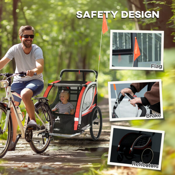 3-in-1 Bike Trailer for Kids, Running Stroller with 2 Seats, Jogging Cart with 5-Point Harness, Storage Units, Red - Image 6