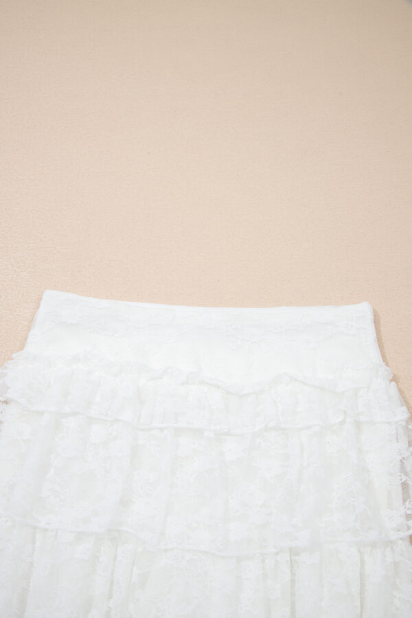 White Sheer Lace Frilly Ruffles High Low Long Skirt - Image 9