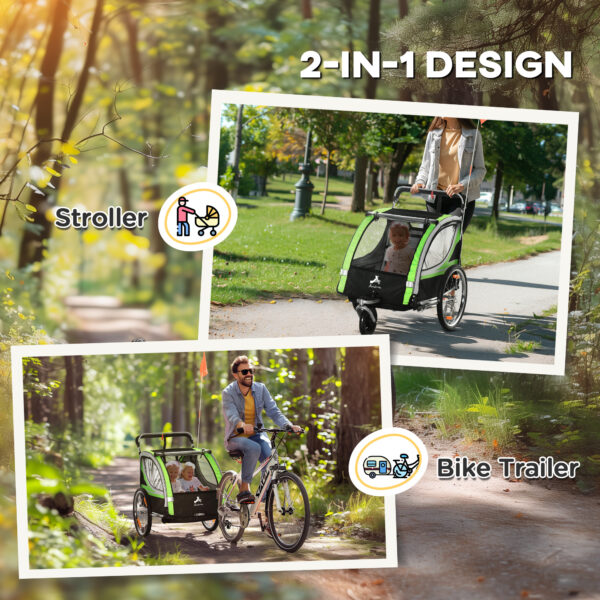 2-in-1 Walk/Ride Child Baby Bike Trailer for Kids 2 Seater, High-Visibility Bike Stroller for Toddler Wagon, Weather-Strong Double Bicycle Trailer Accessory for Kids, Green - Image 6