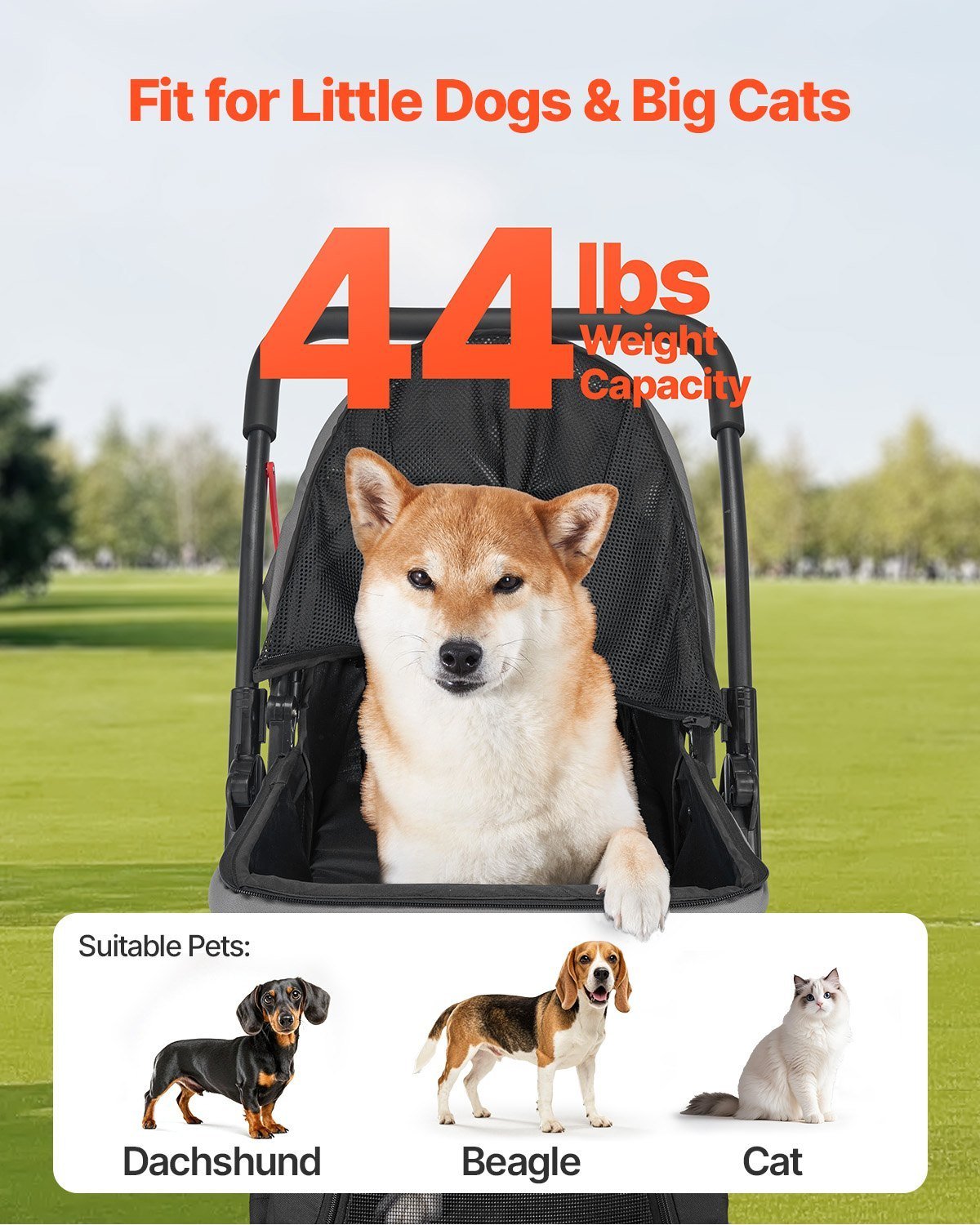 Pet Stroller Foldable 4 Wheels Travel Dog Stroller Reversible Handle Up To 44lbs - Image 2