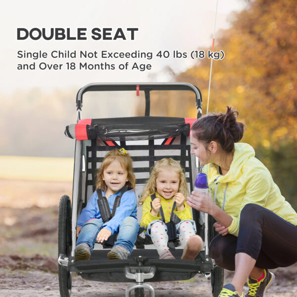 3-in-1 Bike Trailer for Kids, Running Stroller with 2 Seats, Jogging Cart with 5-Point Harness, Storage Units, Red - Image 8