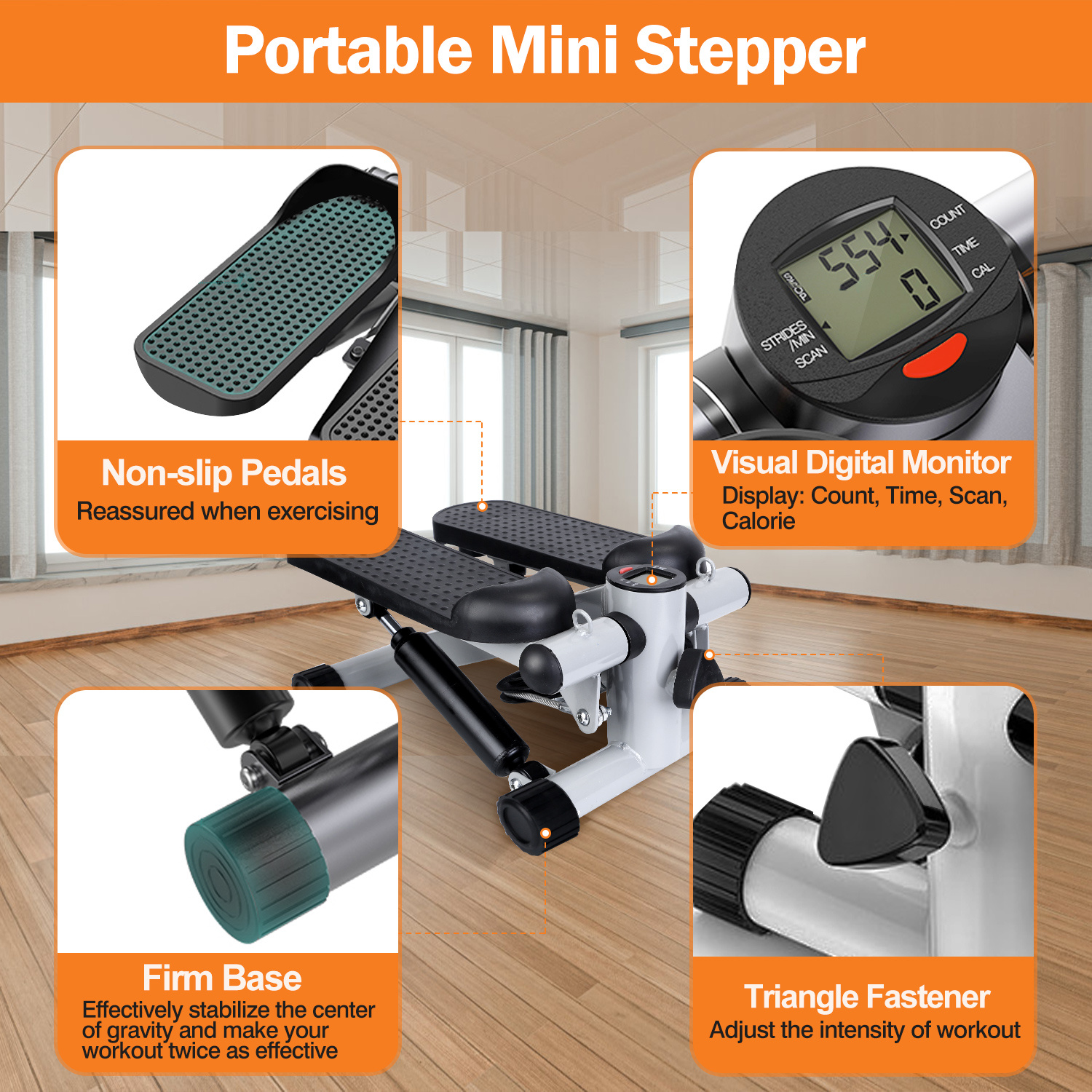 Stepper For Exercise Mini Fitness Stepper With 2 Resistance Bands LCD Monitor Max 330.7LBS Load Stair Stepper Quiet Stepper - Image 9