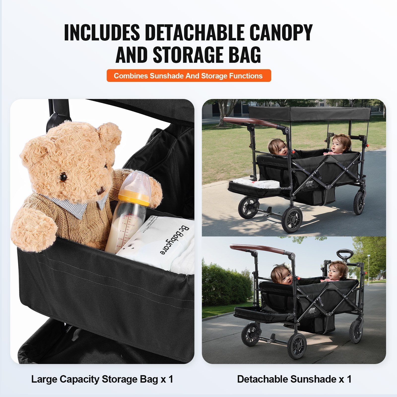 Wagon Stroller For 2 Kids, Push Pull Quad Collapsible Stroller With Adjustable Handle, Encircling Harness Removable Canopy, 4 Wheels With Brakes, Mutifunction Tandem Stroller For Camping Black - Image 5