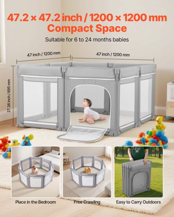 Baby Playpen, 47.2″ X 47.2″ Foldable Toddlers Playpen, Indoor/Outdoor Baby Fence Play Yard With Zippered Door & Soft Breathable Mesh, No-Gap Toddlers Activity Center For 6 -24 Months Babies - Image 5
