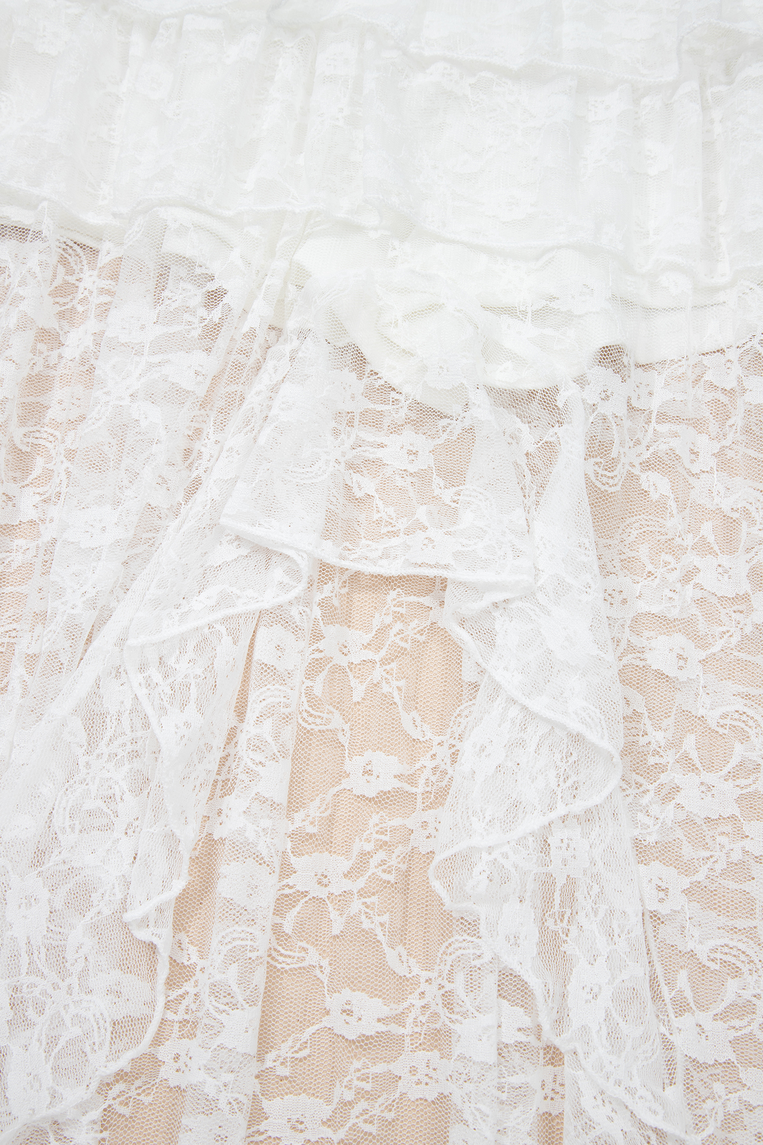 White Sheer Lace Frilly Ruffles High Low Long Skirt - Image 12