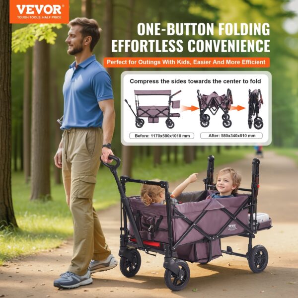 Wagon Stroller For 2 Kids, Push Pull Quad Collapsible Stroller With Adjustable Handle, Encircling Harness Removable Canopy,4 Wheels W/ Brakes,Mutifunction Tandem Stroller For Camping Dark Purple - Image 2