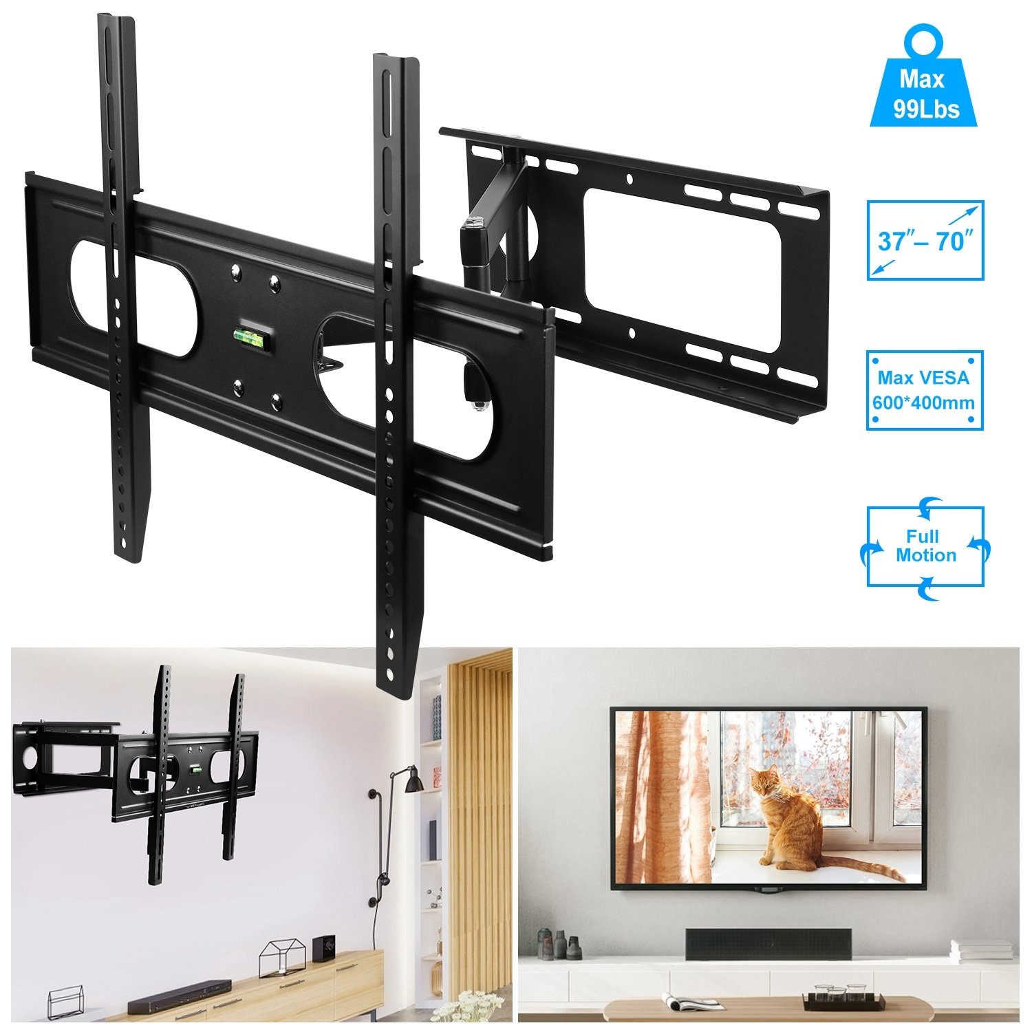 1Pc Full Motion TV Wall Mount Swivel Tilt TV Wall Rack Support 37in To 70in TV Wall Mount Max VESA Up To 600x400mm Holds Up To 99LBS - Image 5