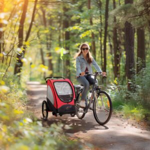 Bike Trailer for Kids 3 In1 Foldable Child Jogger Stroller Baby Stroller Transport Carrier with Shock Absorber System Rubber Tires Adjustable Handlebar Kid Bicycle Trailer Red and Grey