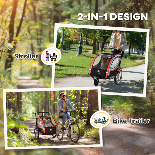 2-in-1 Walk/Ride Child Baby Bike Trailer for Kids 2 Seater, High-Visibility Bike Stroller for Toddler Wagon, Weather-Strong Double Bicycle Trailer Accessory for Kids, Red - Image 4