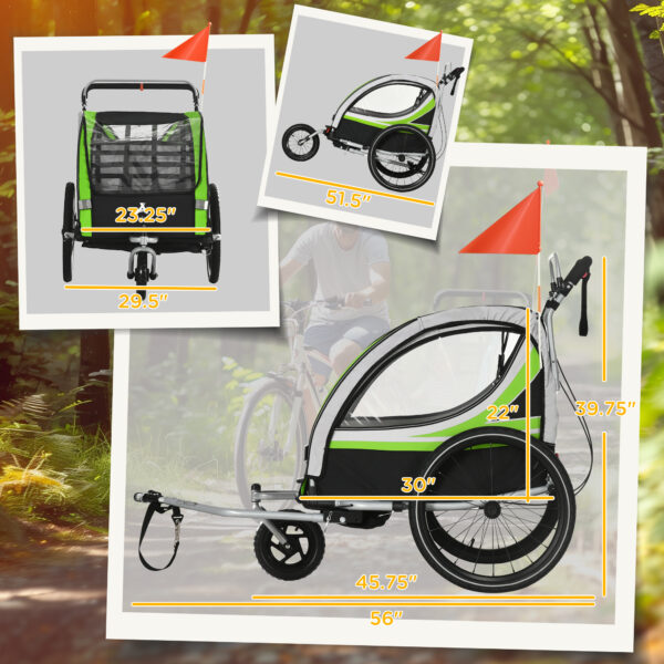 3-in-1 Bike Trailer For Kids, Running Stroller With 2 Seats, Jogging Cart With 5-Point Harness, Storage Units, Green - Image 3