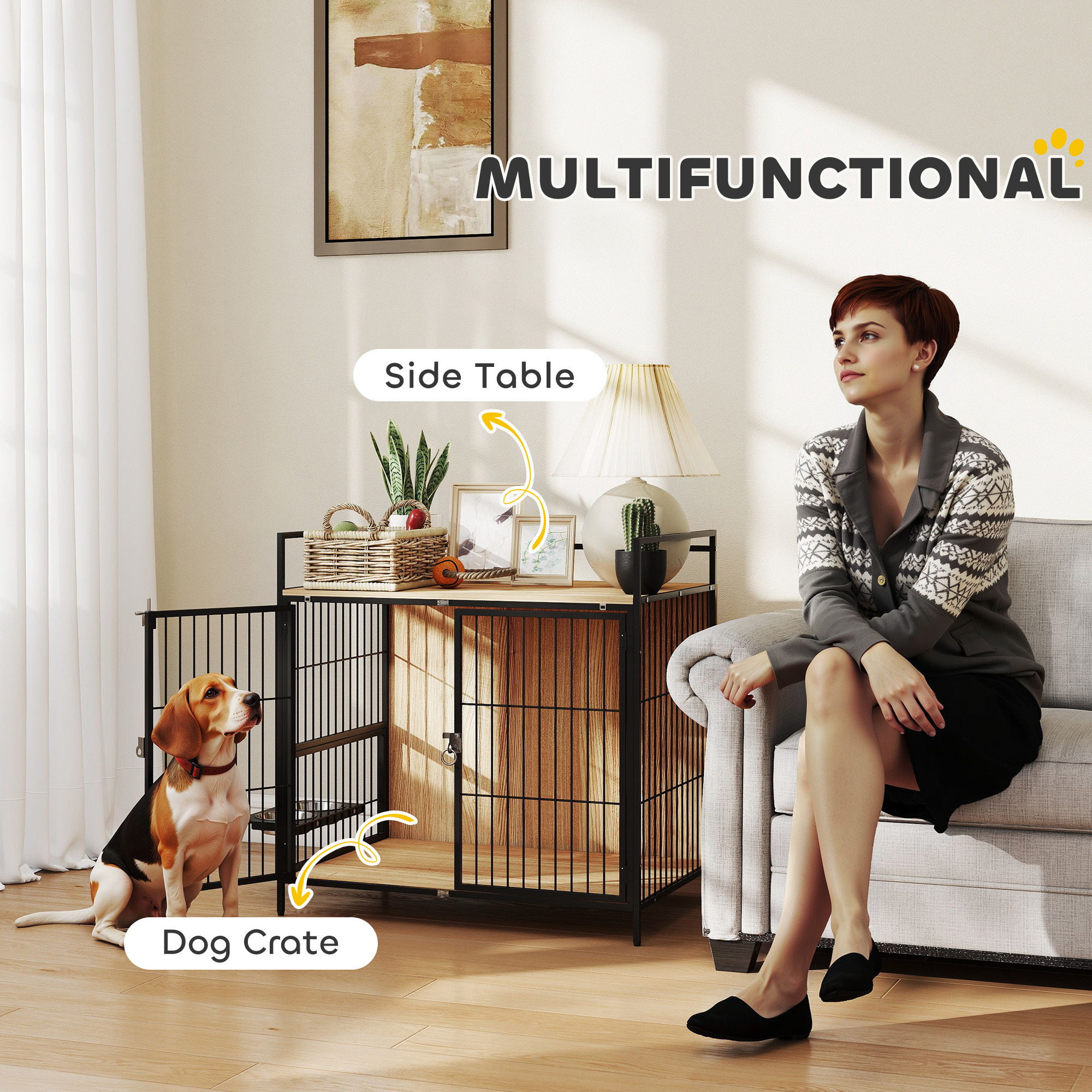 30 Inch Dog Crate Furniture, Indoor Pet Kennel Side Table With Rotatable Bowls, 2 Anti-Escape Doors, For M Dogs, Oak - Image 2