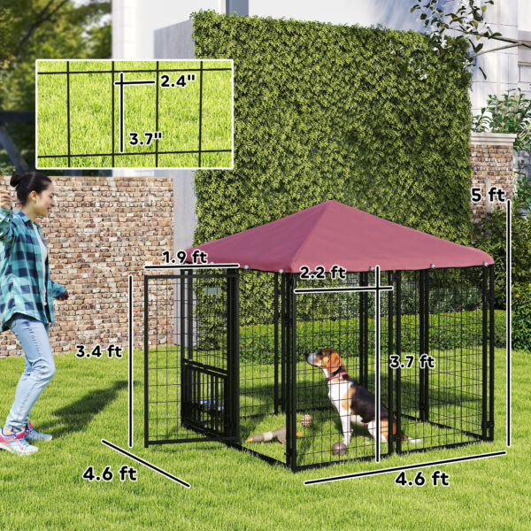 Welded Wire Outdoor Dog Kennel With 360° Rotating & 4 Levels Adjustable Bowls, Waterproof Cover, 4.6' X 4.6' X 5' - Image 2