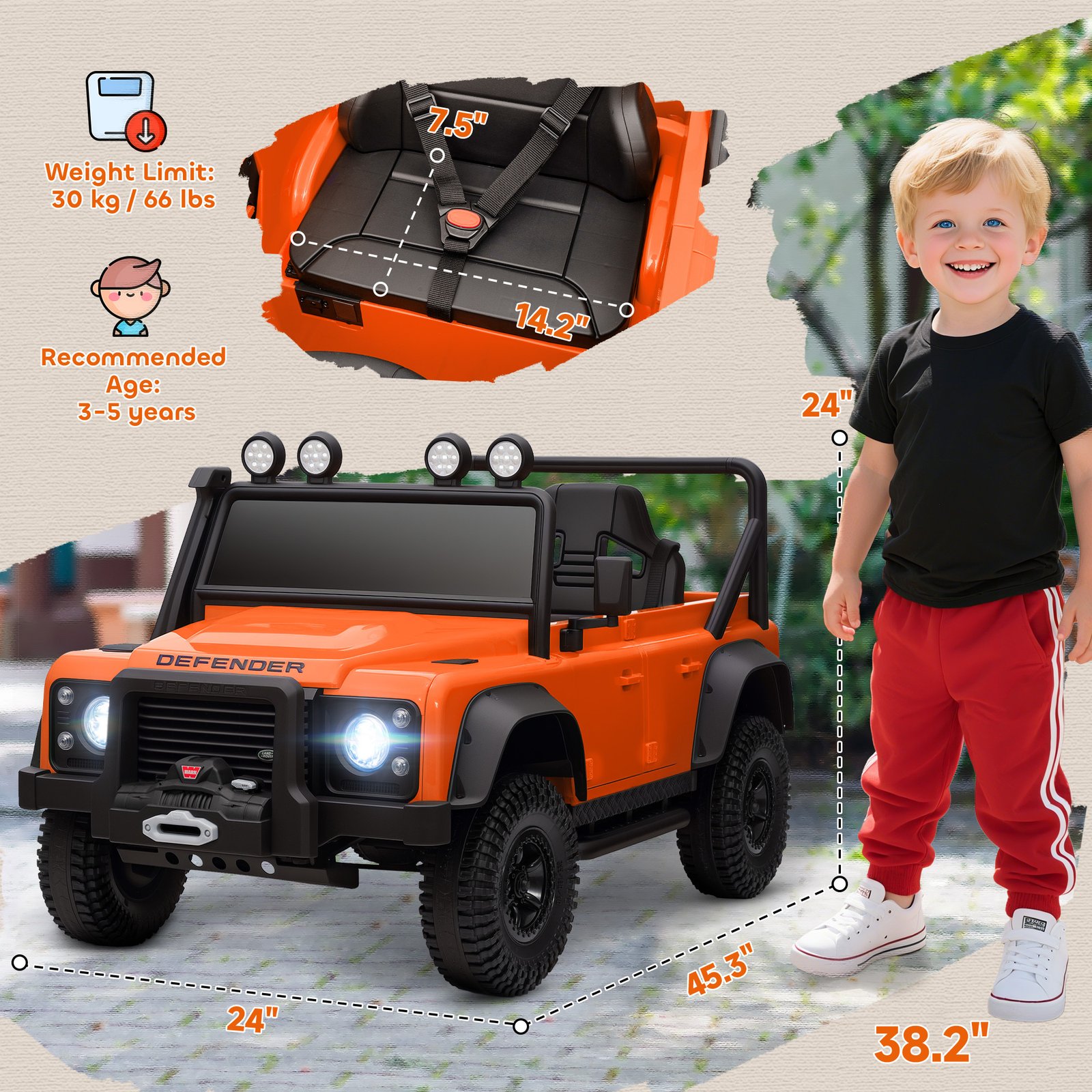 Land Rover Licensed Electric Car For Kids With Remote Control, Dual Motors, Spring Suspension, LED Lights, Orange - Image 2