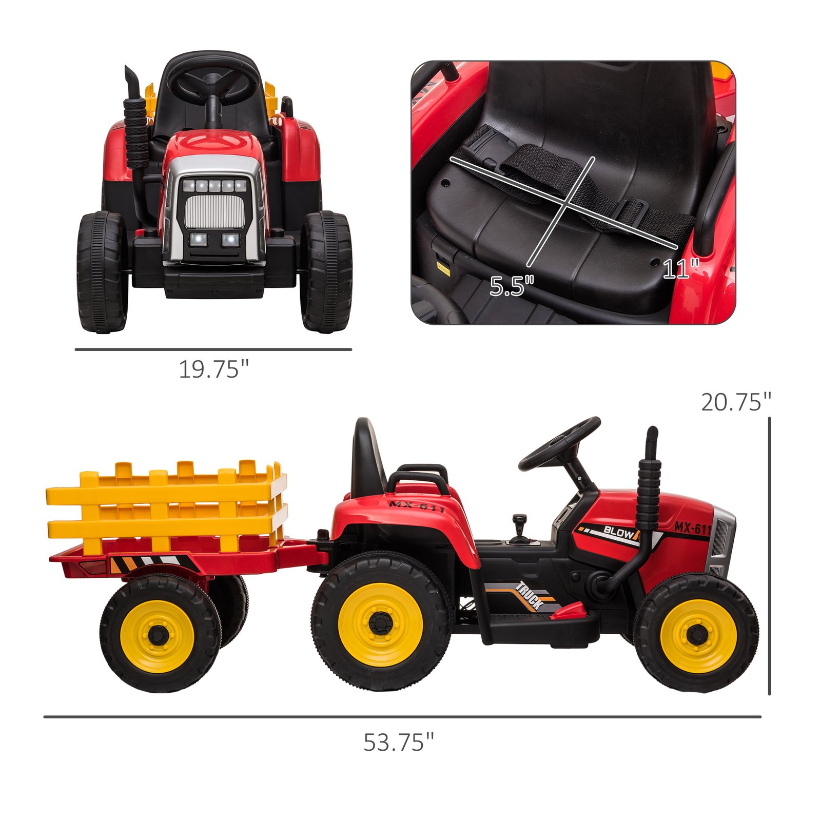 12V Electric Ride On Tractor With Trailer, 25W Dual Motors, Red - Image 3