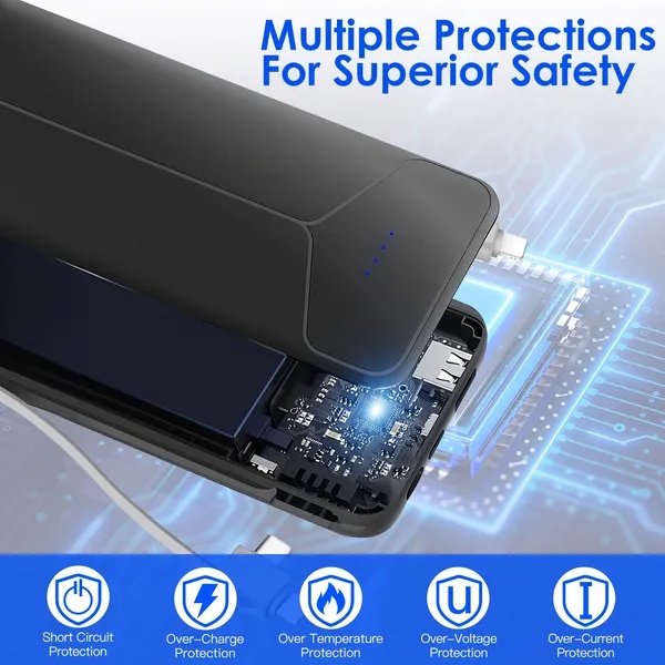 10000mAh Power Bank Portable Charger With US Plug 2 Built-in Cables External Battery Pack With 4 Ouputs 3 Inputs Fit For IOS Phone 14 Android And More - Image 4