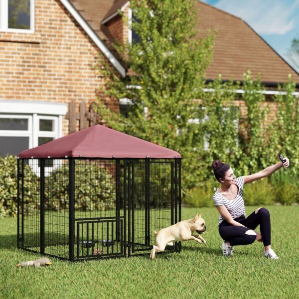 Welded Wire Outdoor Dog Kennel With 360 Rotating & 4 Levels Adjustable Bowls, Waterproof Cover, 4.6 X 4.6 X 5 - Image 5