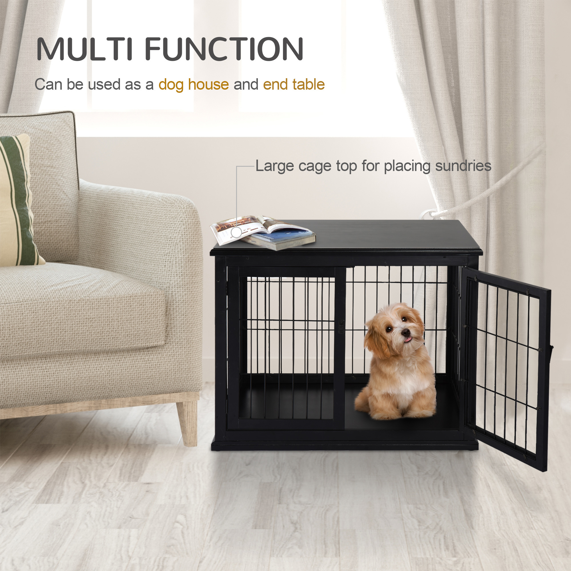 Dog Crate Furniture, 32" Small Dog Cage End Table With 2 Doors, Lockable Door, Puppy Kennel Indoor, Black - Image 2