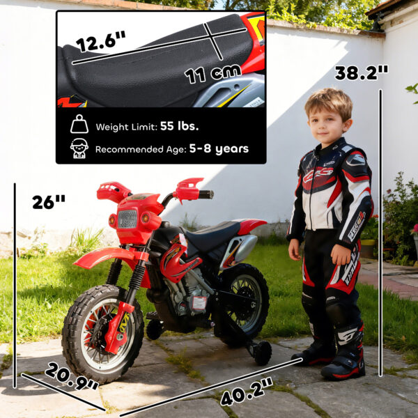 6V Kids Motorcycle, Electric Motorcycle With Dirt Bike Style, Street Bike Design Battery Powered Ride On Toy With Training Wheels, Headlight, Music, Ages 5-8, Red - Image 4