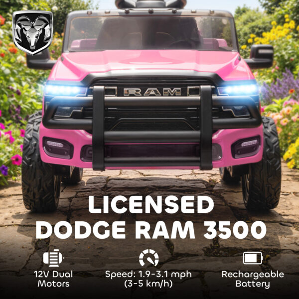 12V Kids Ride On Car, Licensed Dodge RAM 3500 Ride On Toys With Dual Motors, Remote Control For Toddlers, Pink - Image 4