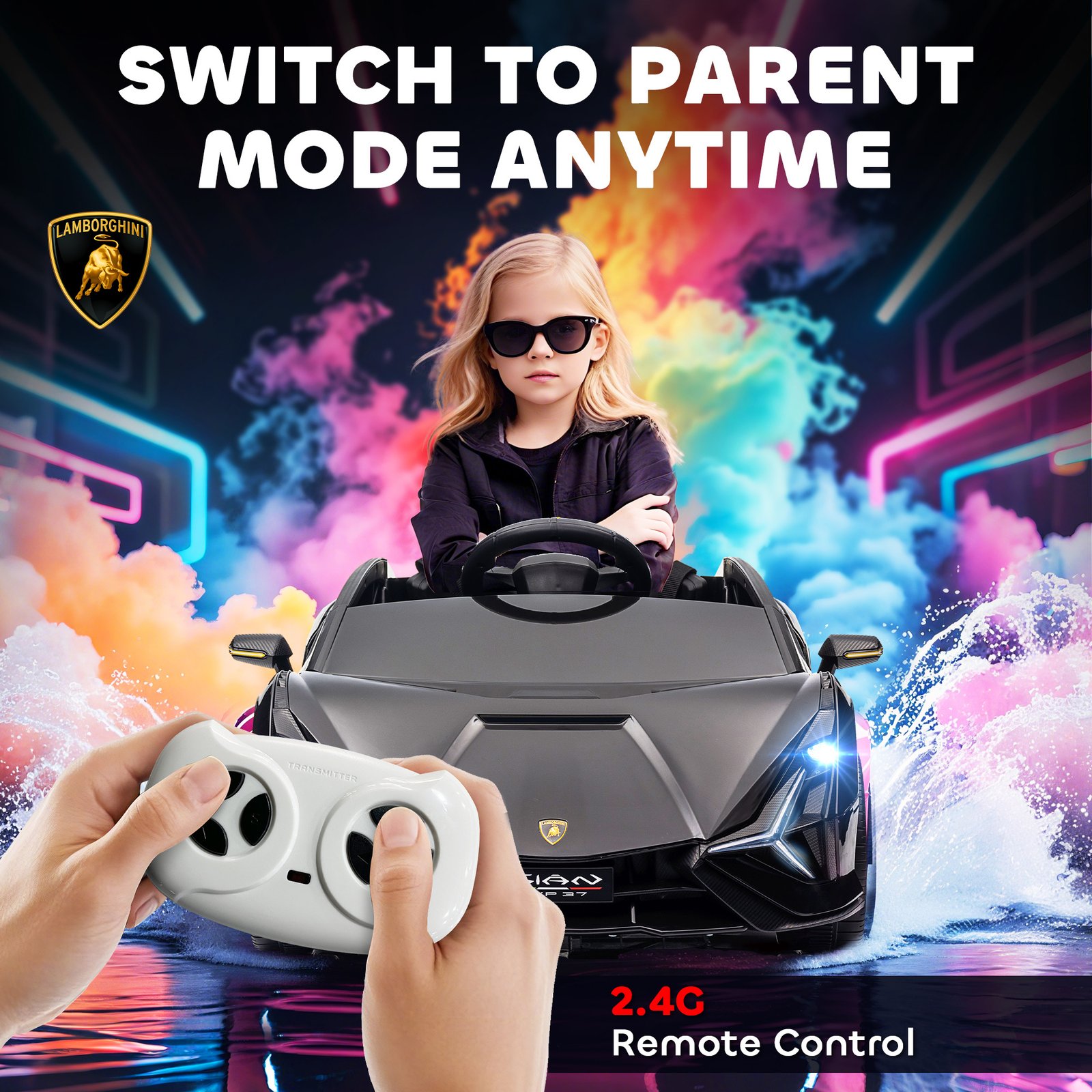 12V Lamborghini SIAN Licensed Electric Car For Kids With Remote Control, Horn, Music, & Headlights, Black - Image 3