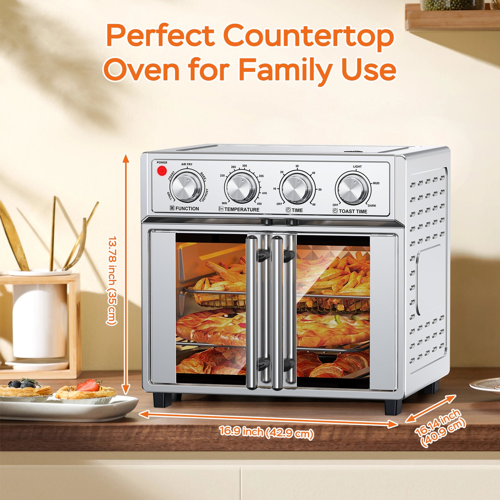 29.5 QT Air Fryer Convection Toaster Oven, French Door, 6 Slices, 1700W, Multifunction Oven, Air Fryer, Toast, Grill, Defrost, Bake, Time And Temperature Controls, Silver, Amazon Resale Prohibited - Image 2