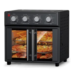 PlumChef 29.5 Quart Extra Large 6 Slices Air Fryer Convection Toaster Oven, French Door, 1700W, Multifunction Oven For Air Fryer, Toast, Grill, Defrost, Bake, Time And Temperature Controls, Black