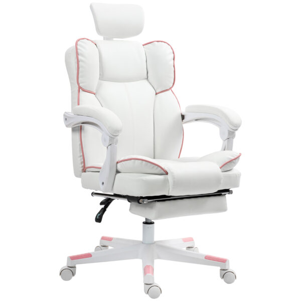 PU Leather Office Chair, Executive Desk Chair With Headrest, Foot Rest, Swivel Wheels, Reclining Computer Chair, White - Image 4