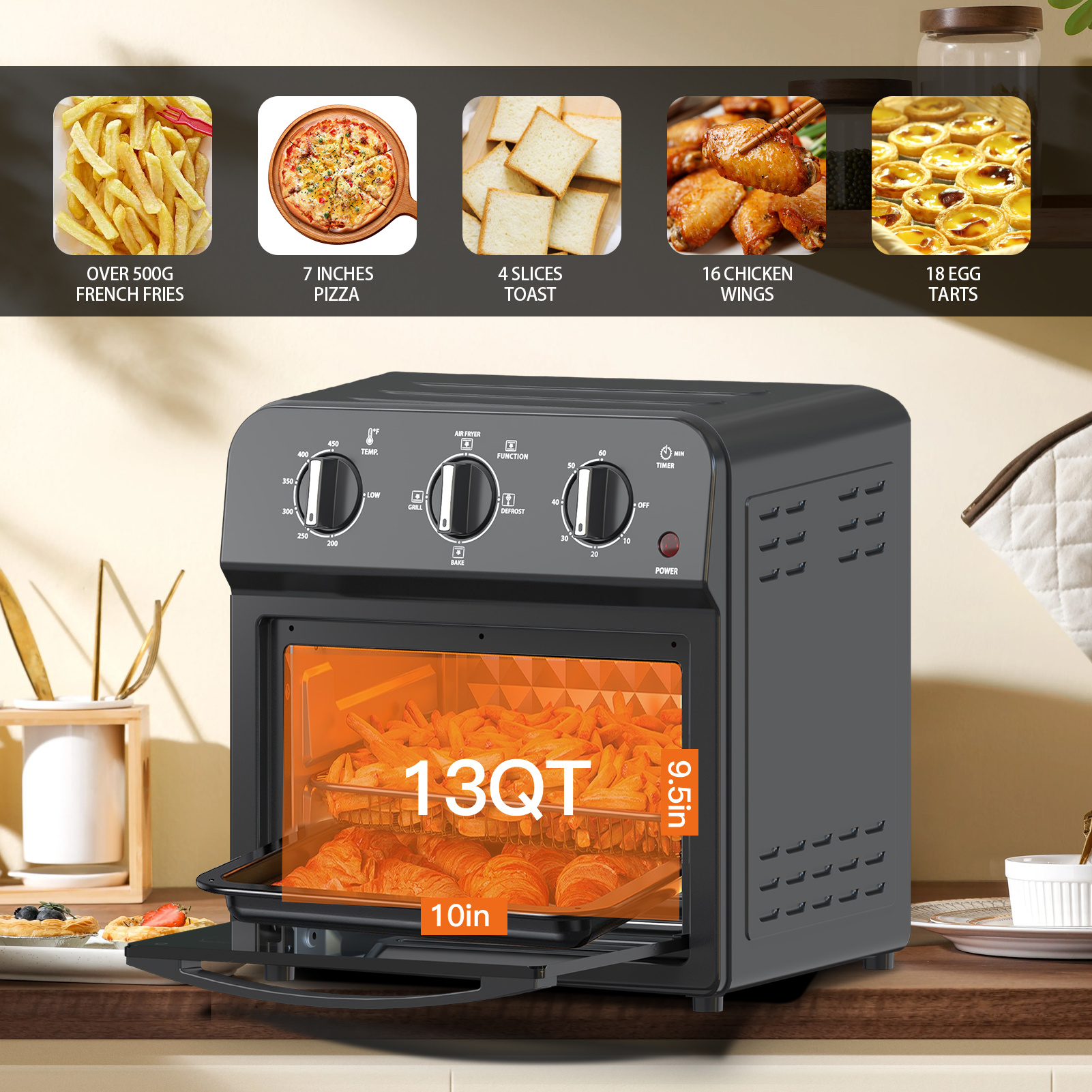 Family Size Air Fryer Toaster Oven Combo,13QT,Hot Air Circulation For Healthy Oil-Free Cooking, Multifunctional Convection Contertop Oven, Adjustable Time & Temp Control, Amazon Resale Prohibited - Image 7