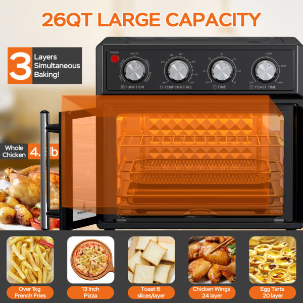 29.5 QT Air Fryer Convection Toaster Oven, French Door, 6 Slices, 1700W, Multifunction Oven, Air Fryer, Toast, Grill, Defrost, Bake, Time And Temperature Controls, Black, Amazon Resale Prohibited - Image 2