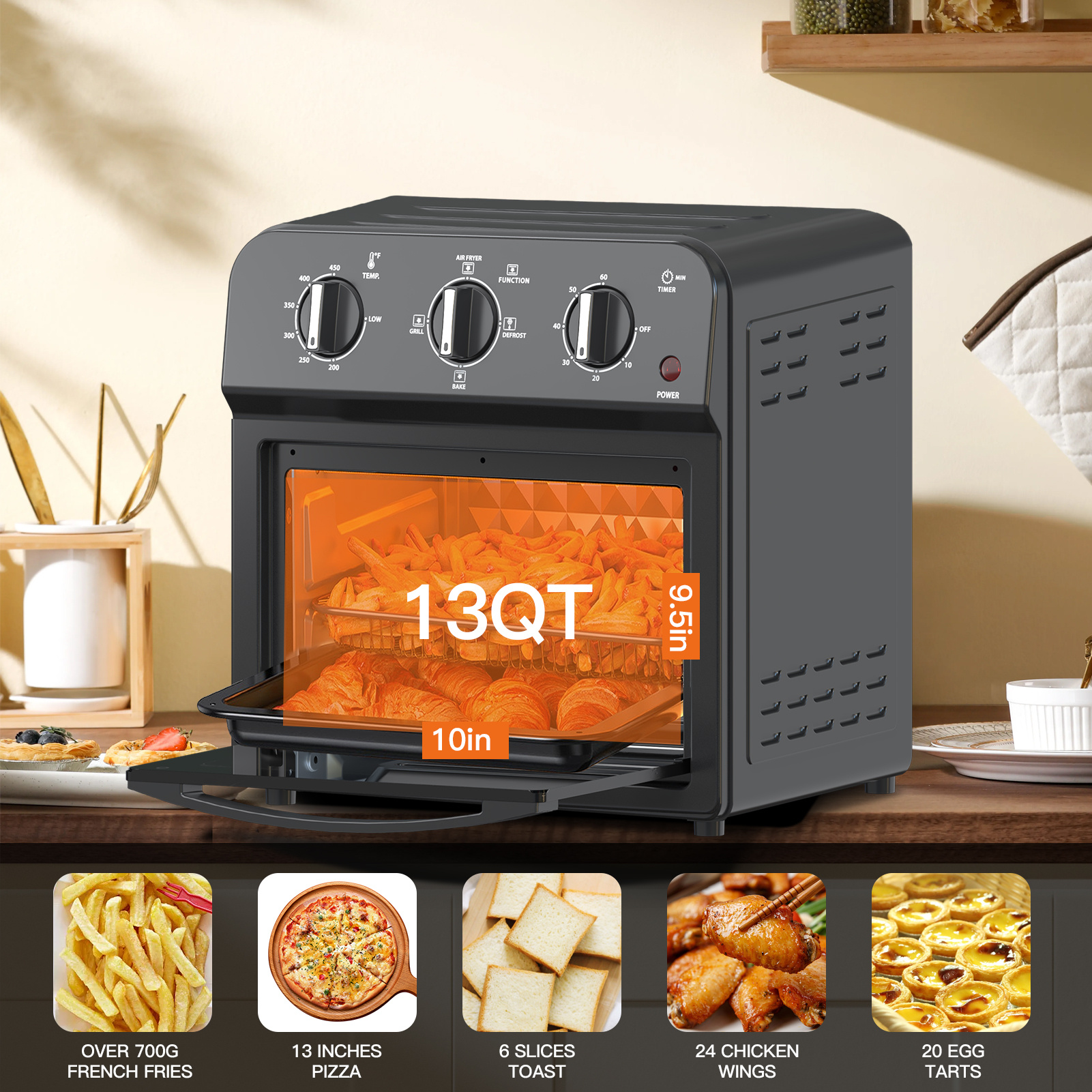 Family Size Air Fryer Toaster Oven Combo,13QT,Hot Air Circulation For Healthy Oil-Free Cooking, Multifunctional Convection Contertop Oven, Adjustable Time & Temp Control, Amazon Resale Prohibited - Image 5