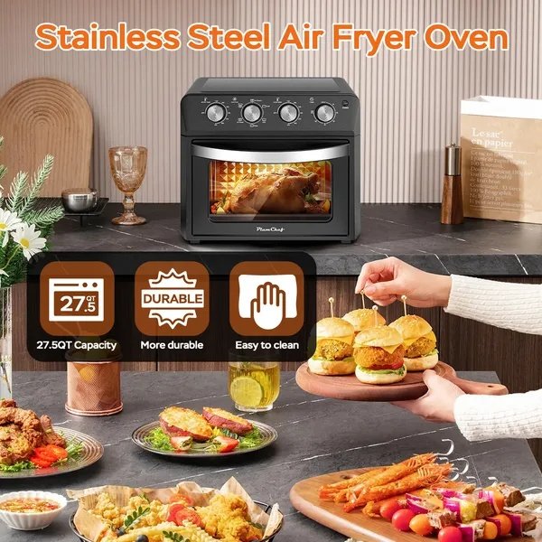 27.5QT 6-in-1 Air Fryer Toaster Oven Dropdown-Door 6-Slice Countertop Convection Oven For Air Frying, Baking, Roasting, Broiling & Grilling, 1600W, Black - Image 4