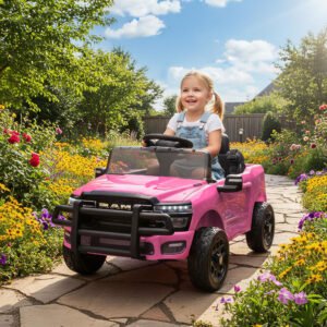 12V Kids Ride On Car, Licensed Dodge RAM 3500 Ride On Toys With Dual Motors, Remote Control For Toddlers, Pink