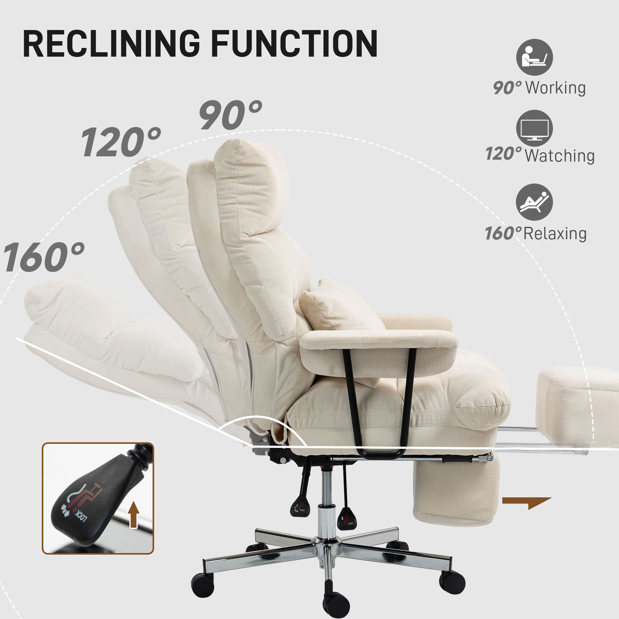 Executive Office Chair With Lumbar Support, Footrest, High Back Reclining Overstuffed Desk Chair With, Cream White - Image 4