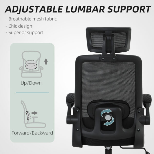 Mesh Office Chair, Ergonomic Desk Chair With Flip-up Armrest, Rotatable Headrest, Adjustable Lumbar Support, Black - Image 3