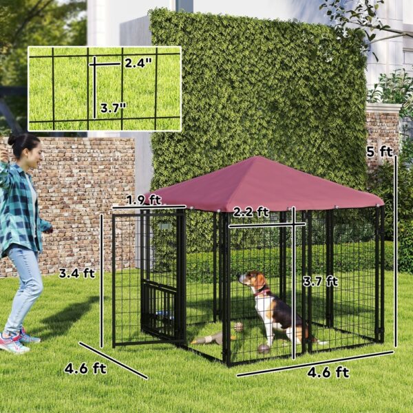 Welded Wire Outdoor Dog Kennel With 360 Rotating & 4 Levels Adjustable Bowls, Waterproof Cover, 4.6 X 4.6 X 5 - Image 4