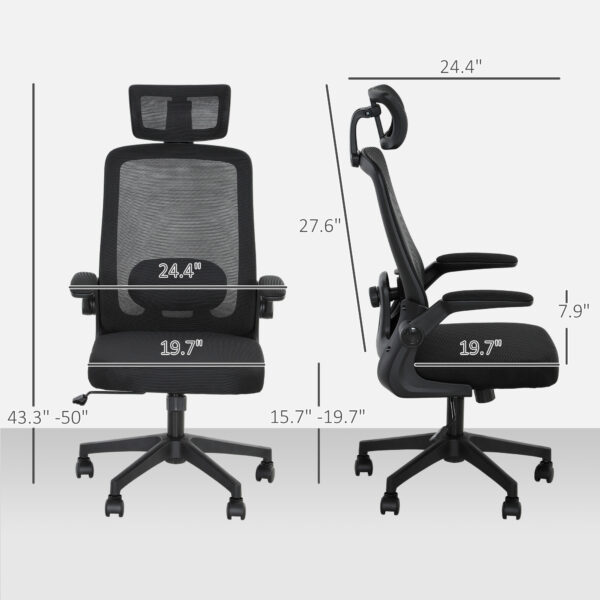 Mesh Office Chair, Ergonomic Desk Chair With Flip-up Armrest, Rotatable Headrest, Adjustable Lumbar Support, Black - Image 6