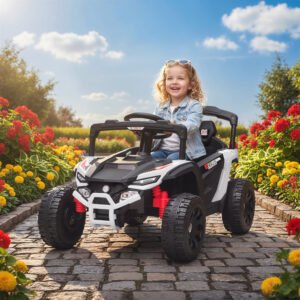 12V Kids Ride On Truck, Battery Powered Electric UTV Vehicle With Rear Suspension, Remote Control For 3-8 Years, White