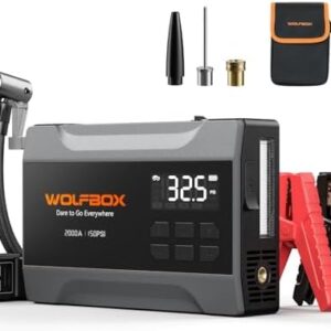 WOLFBOX 2000A Jump Starter with Air Compressor, 37Wh Car Battery Jumper Starter Portable (up to 5L Gas Engine) with 150PSI Tire Inflator, 12V Jump Box with Jumper Cables, Boost, LED Light : Automotive