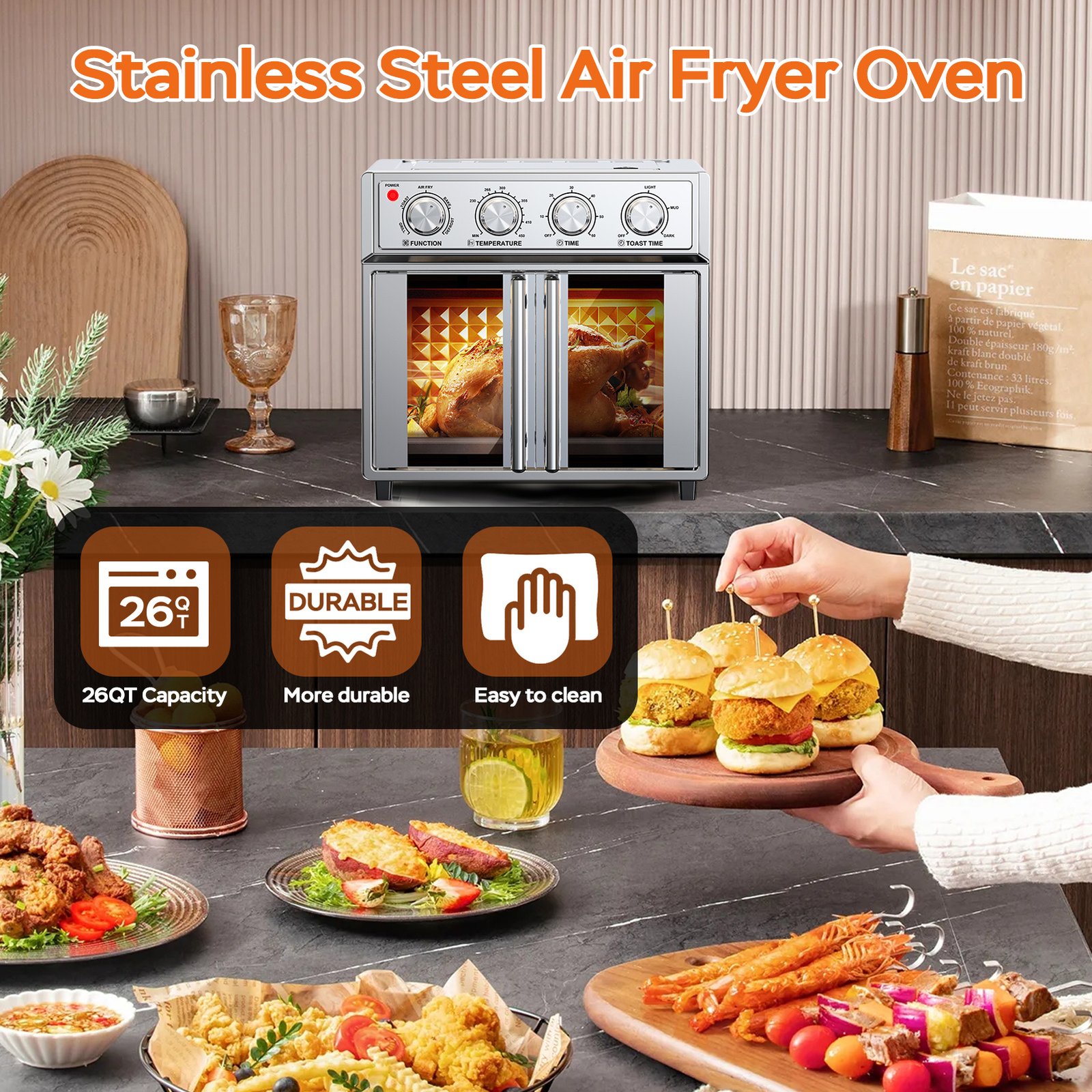 29.5 QT Air Fryer Convection Toaster Oven, French Door, 6 Slices, 1700W, Multifunction Oven, Air Fryer, Toast, Grill, Defrost, Bake, Time And Temperature Controls, Silver, Amazon Resale Prohibited - Image 7