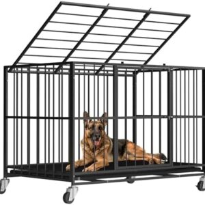48 Inch Heavy Duty Dog Crate Steel Escape Proof, Indoor Double Door High Anxiety Cage, Removable Tray, Large Dog Kennel with Wheels,XL XXL : Pet Supplies