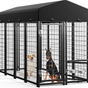 Sino Luban Outdoor Dog Kennel Outside Run with Doggy Door, Swivel Feeder&Roof - 8x4x6FT Large Dog Kennels Pens Outside for Large Dogs Breed- Heavy Duty Cage Yard (Can Connect to Your Dog House) : Pet Supplies