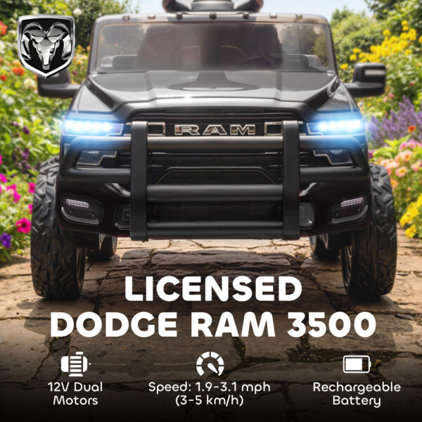 12V Kids Ride On Car, Licensed Dodge RAM 3500 Ride On Toys With Dual Motors, Remote Control For Toddlers, Black - Image 3