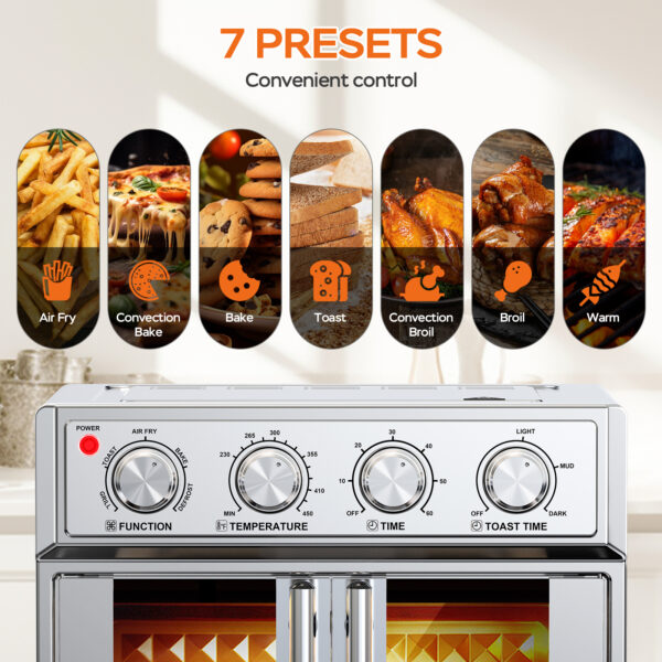 29.5 QT Air Fryer Convection Toaster Oven, French Door, 6 Slices, 1700W, Multifunction Oven, Air Fryer, Toast, Grill, Defrost, Bake, Time And Temperature Controls, Silver, Amazon Resale Prohibited - Image 6