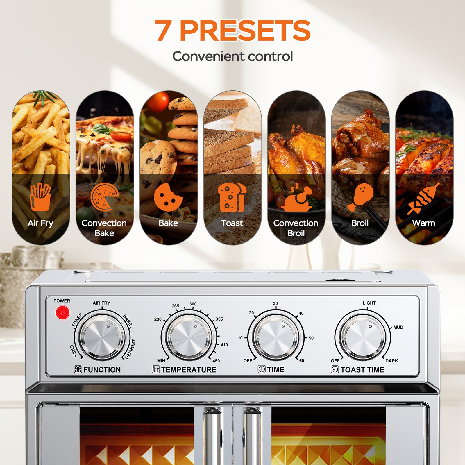 29.5 QT Air Fryer Convection Toaster Oven, French Door, 6 Slices, 1700W, Multifunction Oven, Air Fryer, Toast, Grill, Defrost, Bake, Time And Temperature Controls, Silver, Amazon Resale Prohibited - Image 6