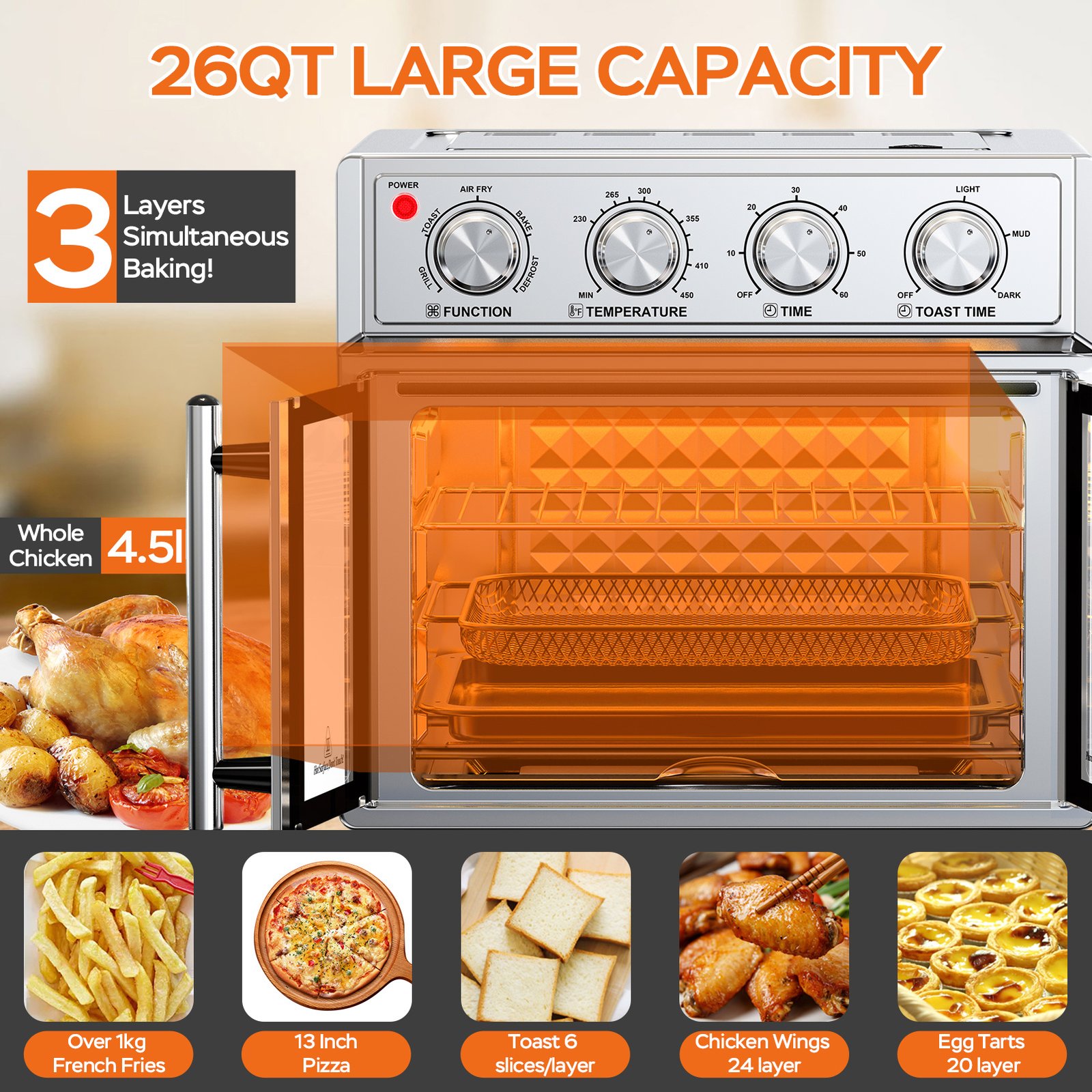 29.5 QT Air Fryer Convection Toaster Oven, French Door, 6 Slices, 1700W, Multifunction Oven, Air Fryer, Toast, Grill, Defrost, Bake, Time And Temperature Controls, Silver, Amazon Resale Prohibited - Image 10