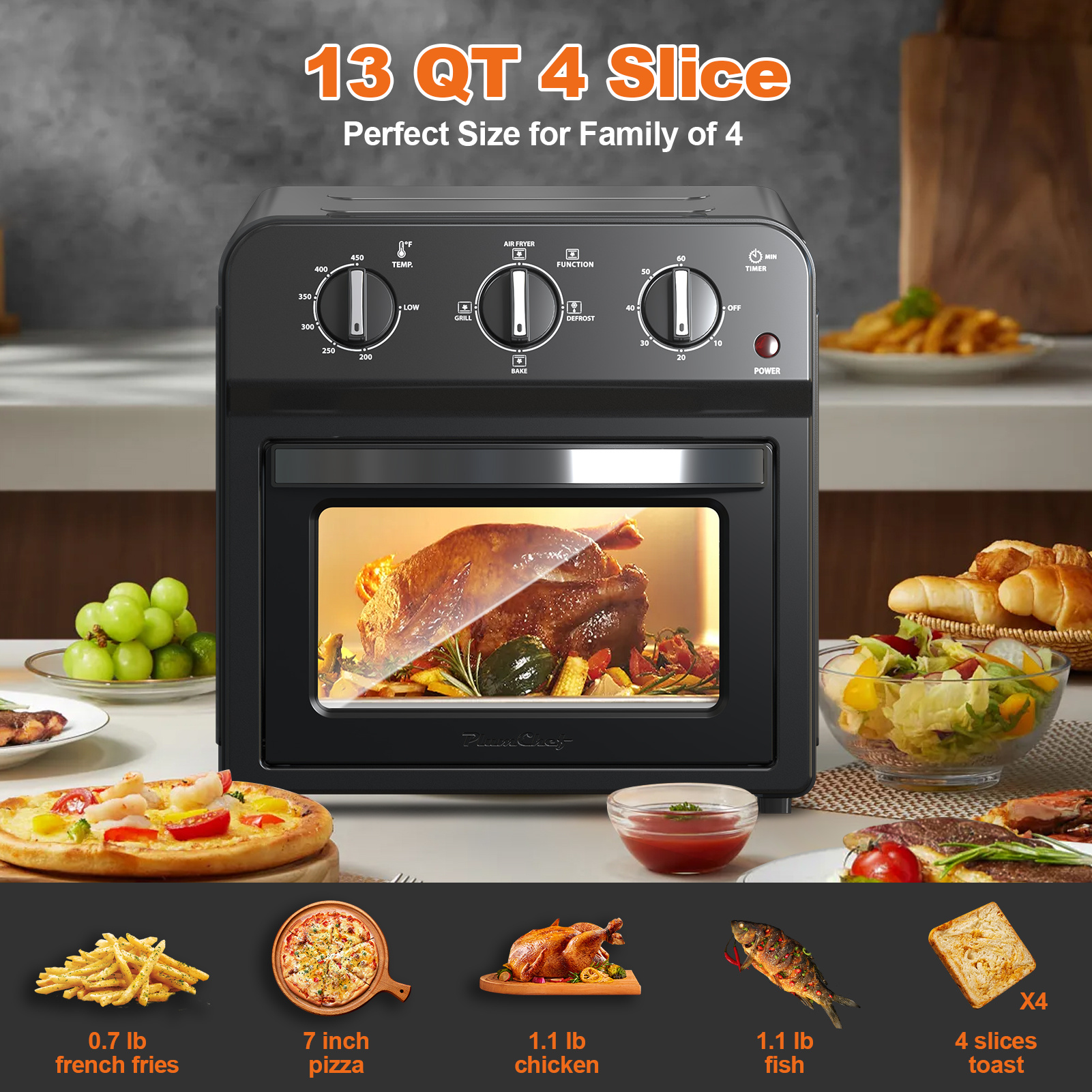 Family Size Air Fryer Toaster Oven Combo,13QT,Hot Air Circulation For Healthy Oil-Free Cooking, Multifunctional Convection Contertop Oven, Adjustable Time & Temp Control, Amazon Resale Prohibited - Image 3